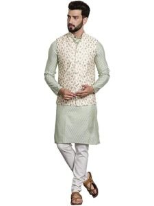 Read more about the article SOJANYA (Since 1958 Men’s Silk Blend Kurta Pyjama & Embroiderd Nehrujacket Combo