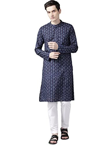 You are currently viewing See Designs Men Blue & White Printed Straight Kurta with Pyjama