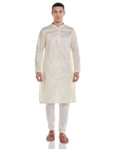 Read more about the article Manyavar Cream Art Silk Self Design Casual Kurta Set for Men