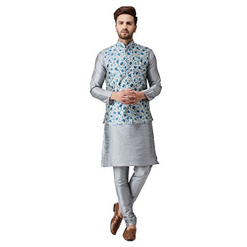 You are currently viewing Sojanya (Since 1958, Men’s Silk Blue Kurta Pyjama & Printed Nehru Jacket set