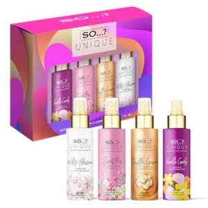 Read more about the article So…? Unique Women’s Mini Mist Body Mist Fragrance Gift Set 4 x 50ml’ | Vanilla Candy_Sweet Pea_White Blossom_Truffle Cream | Long lasting perfume spray | Body mist for women | Mix & Match your So…? Unique Scents | Gift set Pack of 4 | UK’s No 1 Body mist