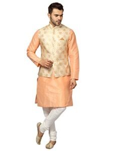 Read more about the article Uri and MacKenzie Men’s Silk Blend Regular Kurta Churidar Pyjama with Bundi Nehru Jacket/Waistcoat